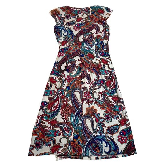 Lauren Ralph Lauren V-Neck Cap Sleeve Paisley Print Ruched Sheath Dress Size 2 - Picture 2 of 11
